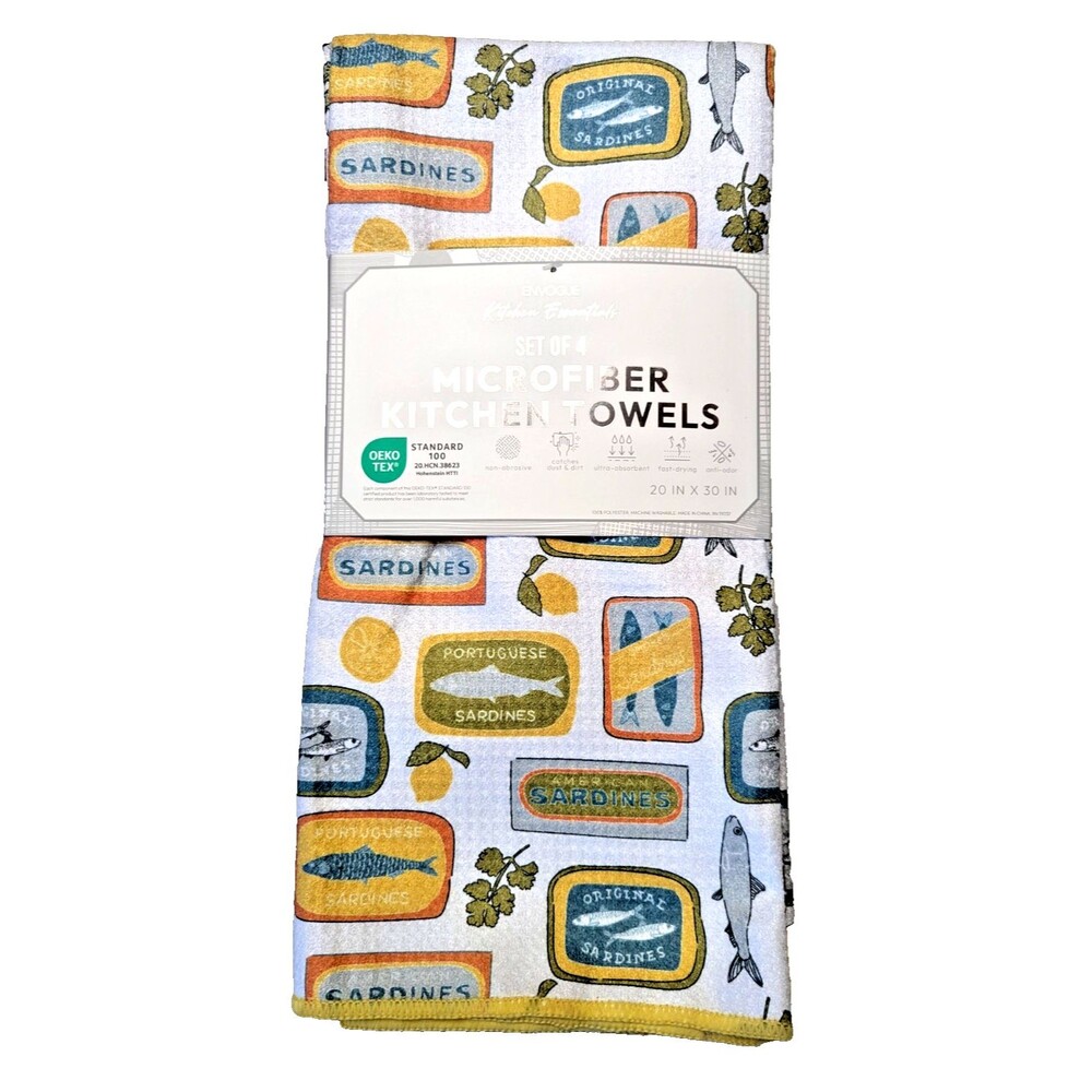 Envogue Kitchen Towels Fish Market Cans Lemon 4-Pc Polyester Gift NEW